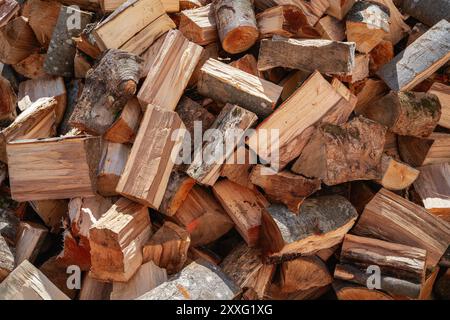 Diversi tronchi di legno sono impilati con cura uno sull'altro, formando una pila ordinata Foto Stock