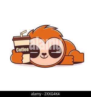 Un bel bradipo sonnolento con una tazza di caffè in zampe. Pigro e lento animale che beve e gusta il caffè al mattino. Simpatico personaggio del bambino felice nei vestiti. Vettore piatto Illustrazione Vettoriale