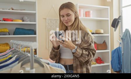 Una giovane donna che usa uno smartphone in un guardaroba moderno pieno di vestiti Foto Stock