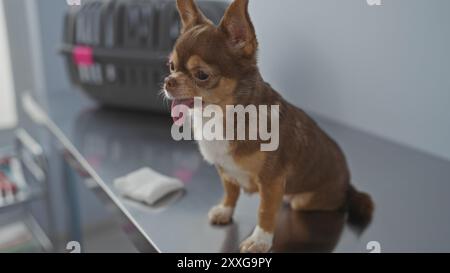 Un chihuahua con la lingua fuori si siede su un tavolo d'esame veterinario in una clinica. Foto Stock