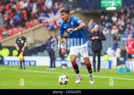 Glasgow, Regno Unito. 24 agosto 2024. I Rangers FC hanno giocato contro il Ross County FC in una partita di Premiership scozzese. Si tiene a Hampden Park, Glasgow, Scozia, Regno Unito. La partita è stata giocata all'Hampden perché lo stadio dei Rangers, l'Ibrox, è in fase di ristrutturazione. Il punteggio finale è stato Rangers 6-0 Ross County. I gol sono stati segnati da Cyriel Dessers (Rangers 9) 18, 58 minuti. Rabbi Matondo (Rangers 17) 45, 69 minuti. Tom Lawrence (Rangers 11) 65 minuti. Danilo (Rangers 99) a 90 minuti. Crediti: Findlay/Alamy Live News Foto Stock