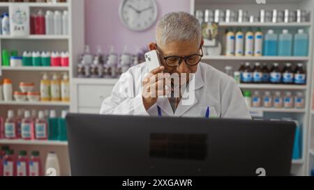 Un uomo ispanico maturo con capelli e occhiali grigi, con indosso un camice da laboratorio bianco, parla al telefono mentre lavora in una farmacia piena di vari m Foto Stock