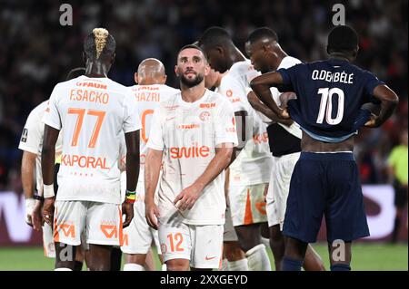 Parigi, Francia. 23 agosto 2024. julien mattia - PSG-MHSC al Parc des Princes, 23 agosto 2024 - 23/08/2024 - Francia/Ile-de-France (regione)/Parigi - Jordan Ferri di MHSC e il team di Montpellier durante la seconda giornata del McDonald's Ligue 1 tra Paris Saint Germain e Montpellier HSC al Parc des Princes, 23 agosto 2024. Crediti: LE PICTORIUM/Alamy Live News Foto Stock