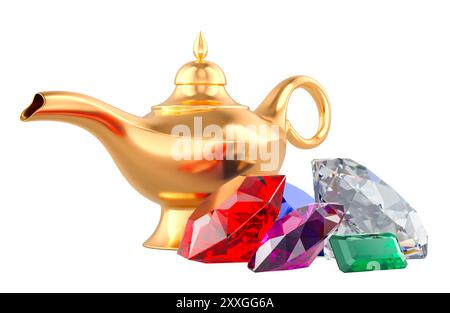 Lampada magica Aladdin con pietre preziose colorate, rendering 3D isolato su sfondo bianco Foto Stock