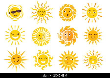 Carini personaggi del sole. Facce soleggiate dei cartoni animati. L'estate sorride. Divertente emoji. Icone gialle per bambini. Tempo libero. Buon giorno. Luce del sole all'alba. Raggi del sole. Illustrazione Vettoriale