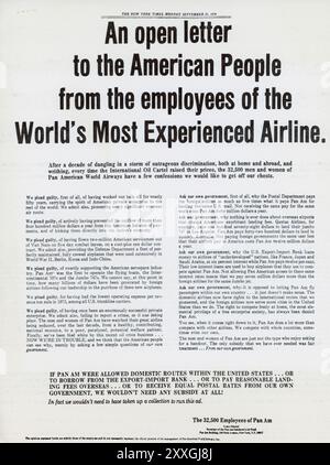 Pubblicità a lettere aperte al popolo americano da parte dei dipendenti di Pan Am Airlines New York Times 23 settembre 1974 USA Foto Stock