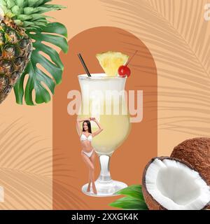 Collage creativo con cocktail e frutta tropicale su sfondo colorato. Grafica elegante Foto Stock