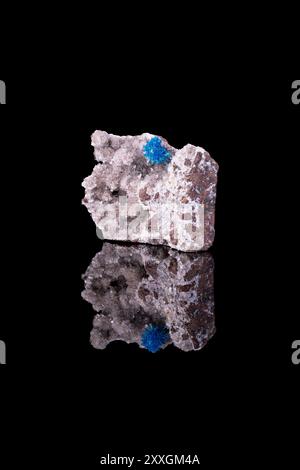 Pentagonite blu e Cavansite mescolati su Stilbite bianca. Esemplare proveniente dalla cava di Wagholi, Pune, Maharashtra, India. Fotografia isolata su backgrou nero Foto Stock