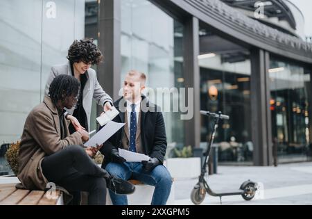 Tre, giovani uomini d'affari si sono impegnati in una seria discussione all'aperto, uno in piedi e che punta a un documento, in uno scenario di città moderna. Foto Stock