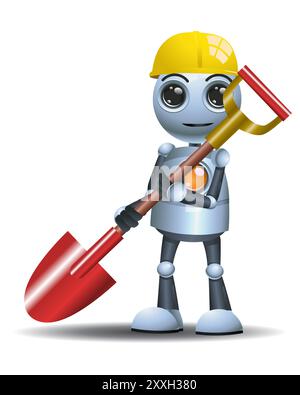 Illustrazione 3D di una piccola costruzione di robot che tiene la pala su sfondo bianco isolato Foto Stock