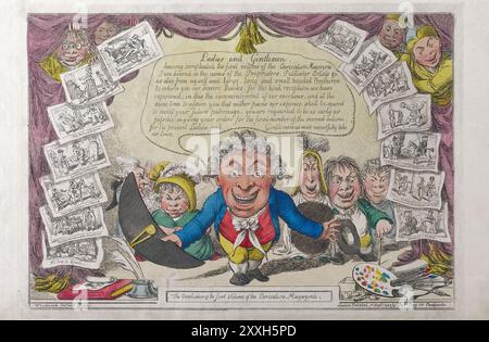 Una stampa umoristica a fumetti incisione colorata di conclusione del primo volume della rivista caricatura acquerello su carta caricature umane caricature satira dell'epoca georgiana del XIX secolo creata da Thomas Tegg antica opera d'arte satirica a stampa d'epoca Foto Stock