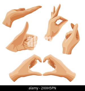 Set vettoriale di mani umane che puntano i gesti emoticon. L'illustrazione raffigura le dita delle emoji in stile piatto. Confezione per cartoncino, banner, volantino, poster Illustrazione Vettoriale