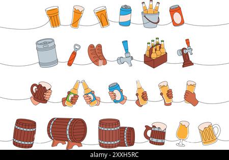 Birra pub a una linea colorata con disegno continuo. Barili, lattine, tazze, fusto in metallo, apribottiglie, salsicce, rubinetto, cono hop continuo su una linea Illustrazione Vettoriale