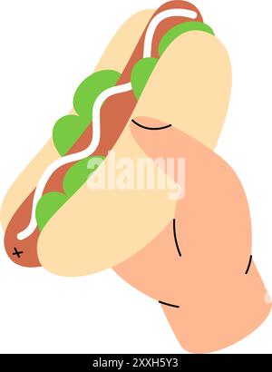 Mano che tiene l'hot dog. Spuntino da asporto. Illustrazione vettoriale. Illustrazione Vettoriale