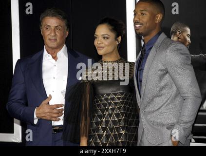 Tessa Thompson, Sylvester Stallone e Michael B. Jordan alla prima di Los Angeles di 'Creed' tenuta al Regency Village Theatre di Westwood, USA o Foto Stock