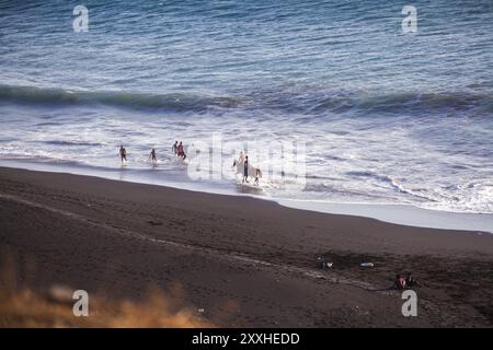 Due cavalieri a cavallo cavalcano lungo una spiaggia, passando davanti alle persone che fanno il bagno Foto Stock