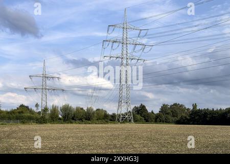 Due tralicci per linee aeree tralicci ad alta tensione tralicci elettrici per il supporto del traliccio elettrico sospensione della linea aerea elettrica per la trasmissione Foto Stock