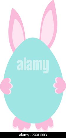 Uovo di Pasqua e orecchie da coniglio, zampe dietro. Saluto pasquale o modello di lettere isolato. Copia spazio. Illustrazione vettoriale biglietti d'auguri, poster, striscione, brochure, cartellino prezzi, etichetta o web, concetto promozionale Illustrazione Vettoriale