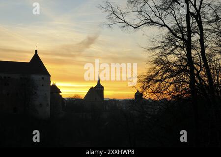 Le torri di Bautzen la mattina presto. Torri Bautzen in mattinata Foto Stock