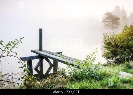 Passerella al lago con la nebbia di mattina Foto Stock