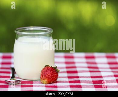 Yogurt alla fragola in un vaso di vetro con fragole fresche Foto Stock