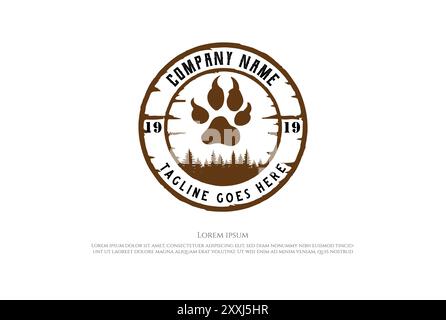 Vintage retro Bear Wolf Footprint e Pine Cedar Spruce Fir Trees Forest for Outdoor Wilderness Adventure Logo Design Vector Illustrazione Vettoriale