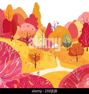 Paesaggio accogliente con paesaggi autunnali. Sentiero tortuoso verso la collina della foresta con alberi e foglie che cadono. Illustrazione vettoriale disegnata a mano. Alberi rossi e arancioni. Cespugli con frutti di bosco. Illustrazione piatta con trama. Stampa su volantini, banner e Web. Illustrazione Vettoriale