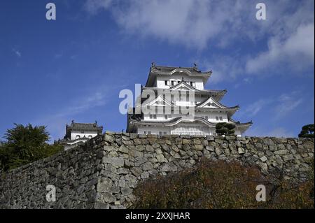 Vista panoramica del fossato e dell'impressionante Main Keep Curved gables, parte di Himeji-jō, il famoso "Castello di Heron bianco" a Hyōgo, Kansai, Giappone. Foto Stock