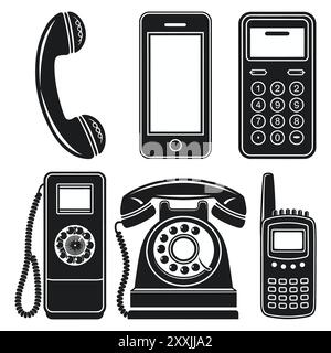 telefono, icone, cellulare, smartphone, comunicazione, app, tecnologia, set di icone del telefono, chiamata, contatto, dispositivo, moderno, progettazione dell'interfaccia utente, progettazione dell'interfaccia utente, icone vettoriali Illustrazione Vettoriale