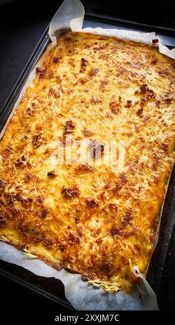 Moussaka fatta a casa. Crosta di formaggio dorato. Cibo in una padella sul piano cottura. Copia spazio Foto Stock