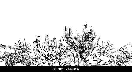 Acquerello e inchiostro vita marina disegnata a mano, creature sottomarine dell'oceano marino. pesce, conchiglie alghe. Immagine banner senza interruzioni, stilizzata Illustrazione Vettoriale