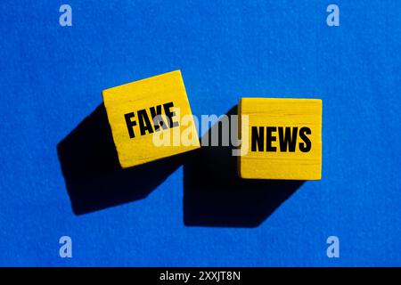 Falso messaggio di notizie scritto su cubi di legno gialli con sfondo blu. Simbolo di notizie false concettuali. Copia spazio. Foto Stock