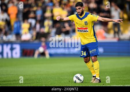 Dogucan Haspolat di Westerlo raffigurato in azione durante una partita di calcio tra KVC Westerlo e Oud-Heverlee Leuven, sabato 24 agosto 2024 a Westerlo, nella quinta giornata della stagione 2024-2025 della prima divisione del campionato belga 'Jupiler Pro League'. BELGA FOTO JOHAN EYCKENS Foto Stock