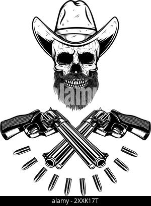 Teschio da cowboy con revolver incrociati. Elemento di design per poster, t shirt, emblema. Illustrazione vettoriale Illustrazione Vettoriale