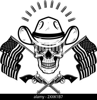 Teschio di cowboy con bandiera americana. Elemento di design per poster, t shirt, emblema. Illustrazione vettoriale Illustrazione Vettoriale