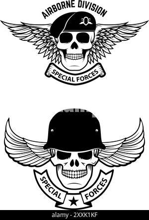 forze speciali. Teschi alati in copricapi militari. Elementi di design per emblema, badge. Illustrazione vettoriale. Illustrazione Vettoriale