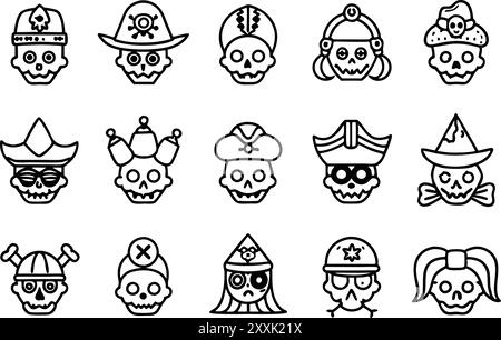 Set di icone dei pirati di Halloween. set di icone del contorno del tratto modificabile. illustrazione vettoriale. Illustrazione Vettoriale