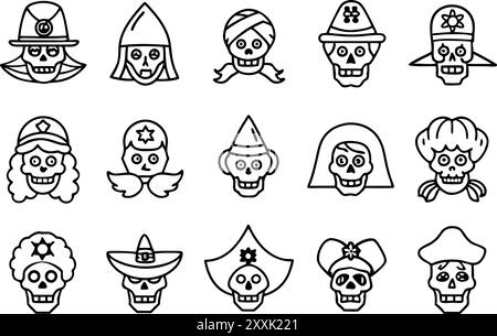 Set di icone dei pirati di Halloween. set di icone del contorno del tratto modificabile. illustrazione vettoriale. Illustrazione Vettoriale