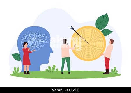 Problemi complessi che si risolvono, psicoterapia. Le persone più piccole svelano il caos di corde e pensieri disorganizzati all'interno della testa umana per cerchiare l'ordine, bersaglio con una freccia nell'illustrazione vettoriale del cartone animato centrale Illustrazione Vettoriale