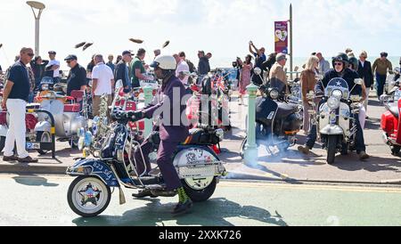 Brighton Regno Unito 25 agosto 2024 - centinaia di mod celebrano il 60° Mod Weekender evento a Brighton questo weekend di festa. Mods provenienti da tutta la Gran Bretagna e l'Europa scendono a Brighton per il fine settimana festivo di agosto per celebrare il loro evento annuale Mod Weekender: Credit Simon Dack / Alamy Live News Foto Stock