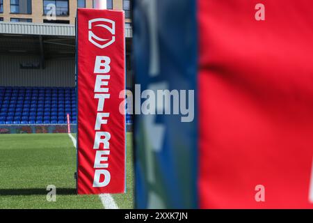 Una visione dettagliata dei post di rugby al Cherry Red Records Stadium prima della partita Betfred Super League Round 23 Londra Broncos vs Leigh Leopards a Plough Lane, Wimbledon, Regno Unito, 25 agosto 2024 (foto di Izzy Poles/News Images) Foto Stock