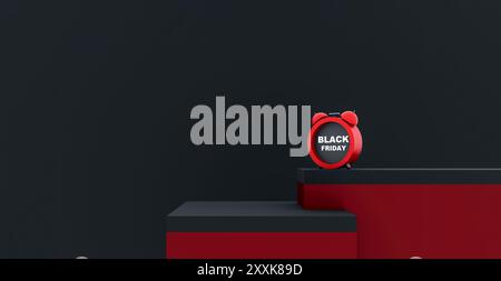 Promozione Black Friday dal design minimalista, con testo bianco in grassetto e sveglia rossa su un moderno piedistallo rosso e nero. Illustrazione 3D. Foto Stock
