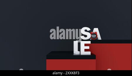 Promozione Black Friday dal design minimalista, con testo bianco in grassetto e sveglia rossa su un moderno piedistallo rosso e nero. Illustrazione 3D. Foto Stock