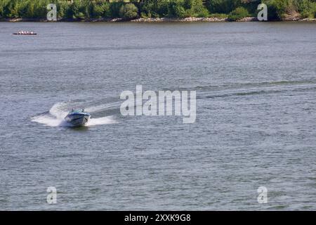 Mainz, Germania. 25 agosto 2024. Motoscafo nel fiume Reno. Foto Stock