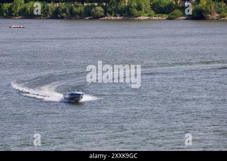 Mainz, Germania. 25 agosto 2024. Motoscafo nel fiume Reno. Foto Stock