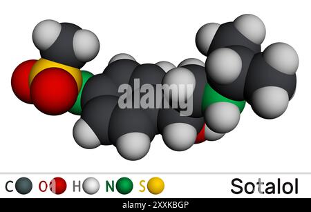 Molecola del farmaco sotalolo. Utilizzato per trattare e prevenire ritmi cardiaci anomali. Modello molecolare. Rendering 3D. Illustrazione Foto Stock