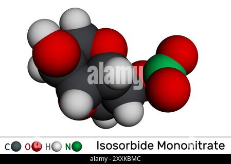 Molecola di isosorbide mononitrato. Usato per trattare l'angina causata da malattia coronarica. Modello molecolare. Rendering 3D. Illustrazione Foto Stock