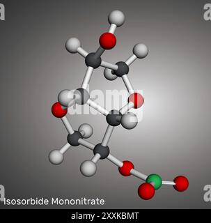 Molecola di isosorbide mononitrato. Usato per trattare l'angina causata da malattia coronarica. Modello molecolare. Rendering 3D. Illustrazione Foto Stock