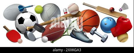 Attrezzatura sportiva che vola sullo sfondo con un calcio, pallacanestro, baseball, calcio, tennis e palla da golf, tra cui ping pong, tennis, hockey, puck salutare Foto Stock