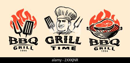 Set di logo barbecue. Barbecue, ristorante grill emblemi. Illustrazione vettoriale Illustrazione Vettoriale